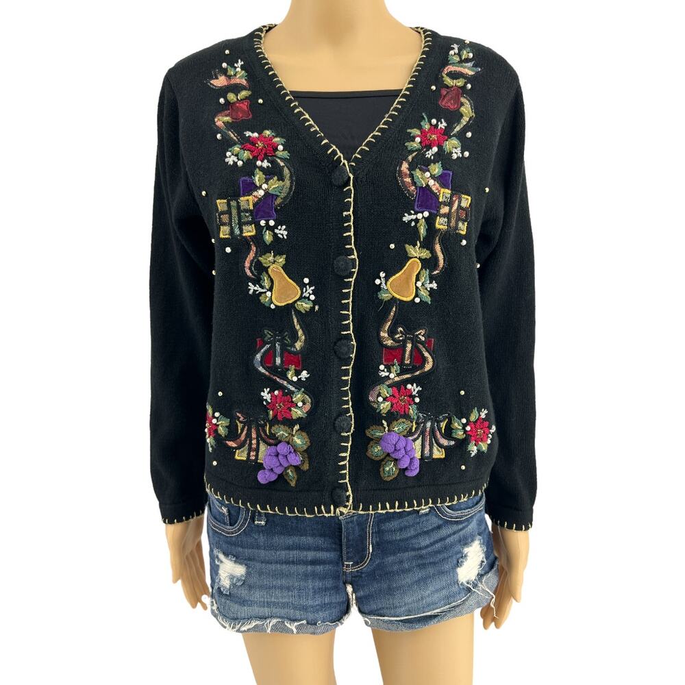 Vtg 90s Victoria Jones Christmas Cardigan Sweater Beaded Embroidery Petite Med